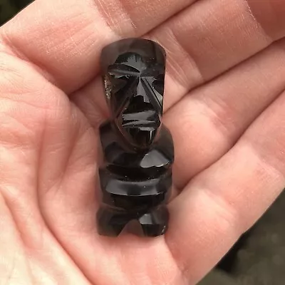 Mexican Aztec Mayan Tiki God Carved Obsidian Black Stone Pendant 1.5” • $45