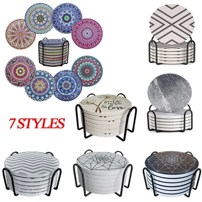 $12.08 • Buy Ceramic Coasters Round Absorbent Stone Coaster Set Drink Coffee Cup Pad Mat Gift