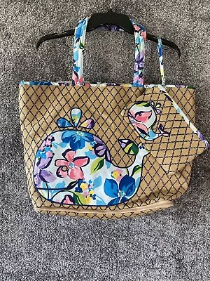 Vera Bradley MARIAN FLORAL Straw Beach Tote Bag Whale Applique Wristlet Set • $45.55