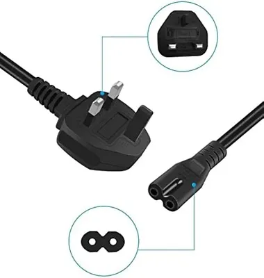 UK Plug Mains Lead TV Power Cable 2 Pin C7 For Playstation PS4 Xbox Sky Figure 8 • £6.99