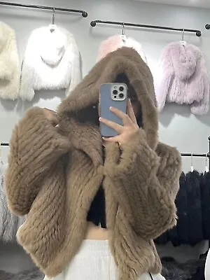 Natural Real Women Knitted Rabbit Fur Coat With Hood Women's Short Jacket • $95