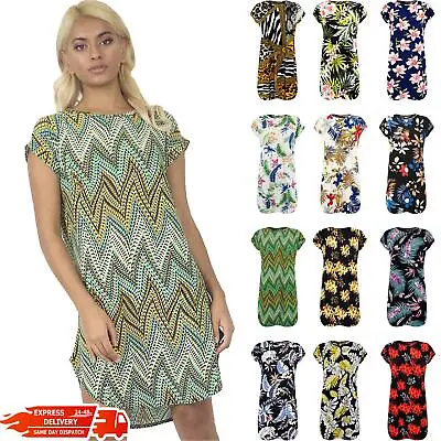 Ladies Womens Baggy Foral Printed Curved Hem Turn Up Sleeve Tunic T-Shirt Dress • £2.99