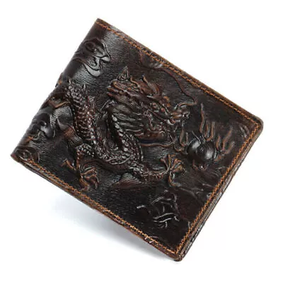 Cowhide Travel Purse Cow Genuine Leather Men's Wallet Dragon Brown Bifold Wallet • $12.29