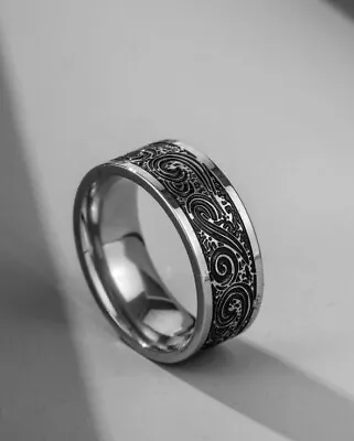 Men's Vintage Titanium Steel Silver Decor Ring Birthday Party Gift Size S • £4.55