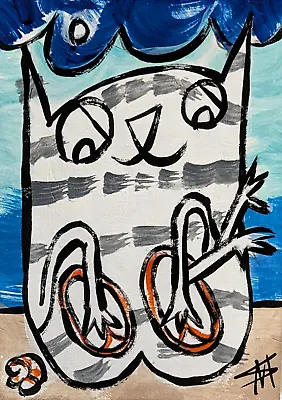 Aceo Abstract Cat Painting Original Beach Tabby Folk Art By Samantha McLean • $12.99