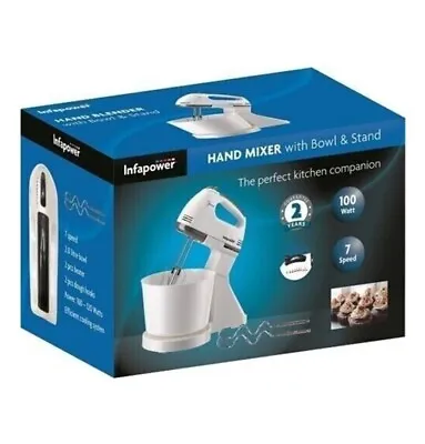Hand Mixer With Bowl & Stand 7 Speed Beaters 2L Cooking Food Baking Kitchen BNIB • £18.49