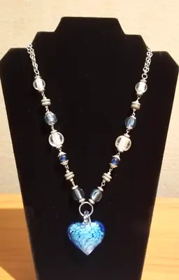 **Chunky Bold Silver Art Glass Beads And Blue Heart Pendant Necklace** • $9.99