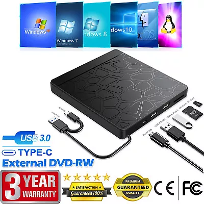 External DVD CD Drive USB 3.0 Type-C Player For PC Laptop Apple Macbook Linux OS • $23.99