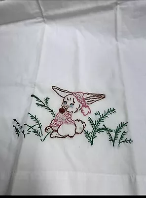 ONE UNUSED VINTAGE  HAND EMBROIDERED  PILLOWCASE..Bunny In Garden..STANDARD SIZE • $12.38