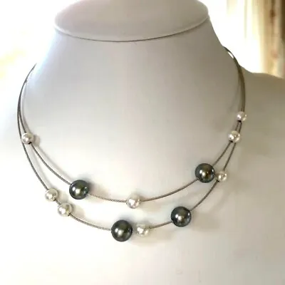 MIKIMOTO Black South Sea Akoya Pearl K18 White Gold In Motion Necklace With Case • $2709.99