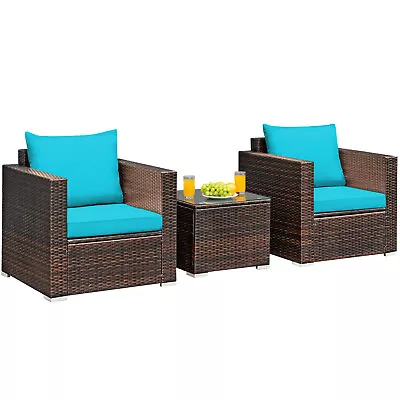 Patiojoy 3PCS Patio Rattan Furniture Set Conversation Sofa Cushioned Turquoise • $239.99
