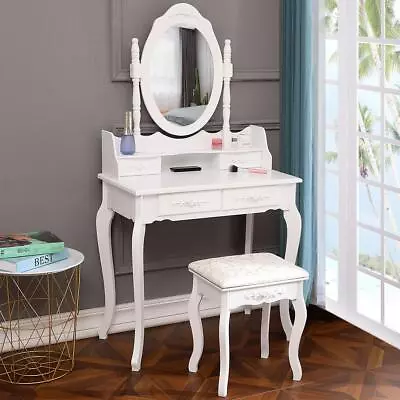 White Makeup Vanity Table Set Dressing Desk W/ Mirror 4 Drawers Girls Gift • $99.98