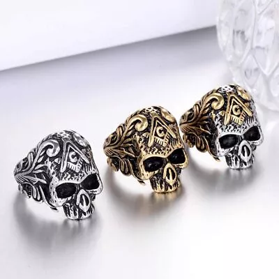 Retro Mens Stainless Steel Masonic Skull Ring Biker Jewelry Gold Tone Size 7-13 • $12.33