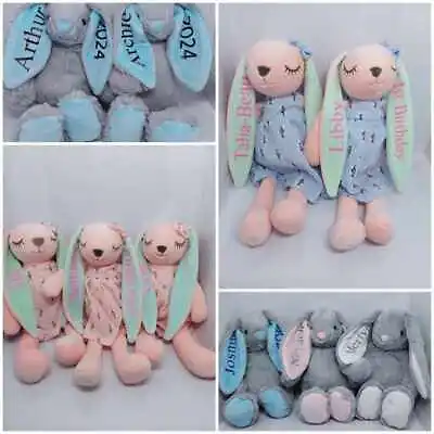 Personalised Easter Bunny Rabbit Soft Teddy Gift Birthday Kids Pink Blue Gray • £11