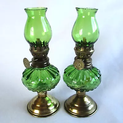 2 Miniature 5½” Green Glass Oil Lamps Metal Base Hurricane Hong Kong Pair 1970’s • $24.95