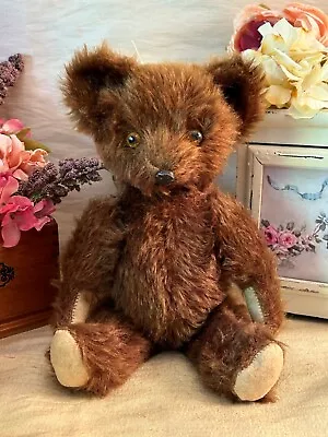 12” ANTIQUE 1930s KNICKERBOCKER METAL NOSE TEDDY BEAR WITH BROWN MOHAIR • $140