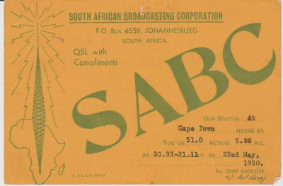 1950 QSL: South African Broadcasting Corporation Cape Town South Africa • $5