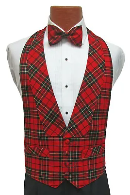 Men's Red Alexander Julian Plaid Tuxedo Vest & Bow Tie 100% Wool Christmas S • $44.99