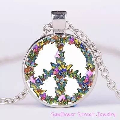 Butterfly Peace Sign Necklace Silver Glass Dome Cabochon Art Print • $9.96