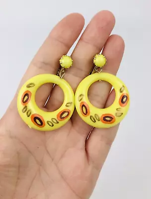 Retro Drop Dangle Hoop Earrings Vintage Yellow Plastic Hong Kong • $19