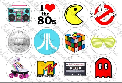 80s Cupcake Toppers 1980s Edible Cake Icing Birthday Eighties • £2.69