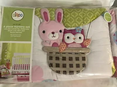 Circo Up We Go Girls Crib Nursery Bedding 4 Pc Bunny Owl Hot Air Balloon Pink • $34.99