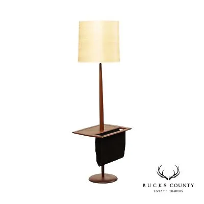 Mid Century Modern Walnut Table Floor Lamp With Magazine Rack • $1095