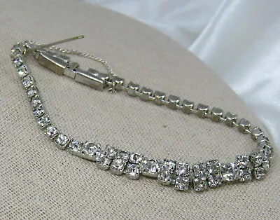 Vintage Clear Rhinestone High End Art Deco Bracelet W/ Safety Chain • $16