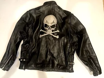 Vintage Black Leather Moto Jacket Skull Cross Bones Biker Mechanics Size 46 • $65