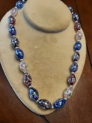 FAS 925 Italy Sterling Millefiori Art Glass Murano Beaded Necklace  • $11.50