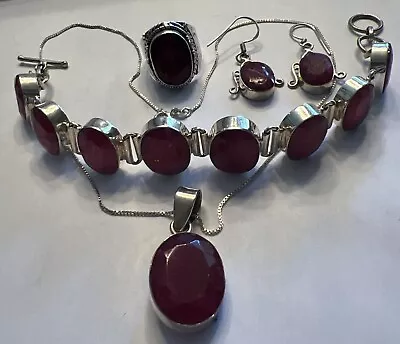 Fine Vintage Sterling Silver & Burmese Ruby Necklace Bracelet Earring Set • $79.95