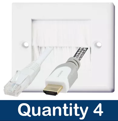 4 X Single 1 Gang Brush Wall Outlet Plate White Brushes Cable Entry Face Plate • £7.99