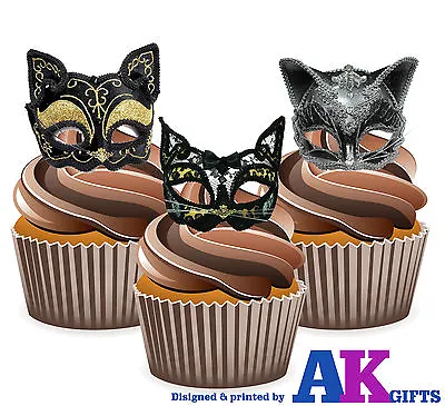  PRECUT Masquerade Ball Vintage Cat Eye Mask 12 Edible Cupcake Decorations Party • £3.99