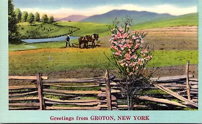 Postcard New York Groton Greetings Horse Drawn Plow Farmer Split Rail Fence B10 • $5.99