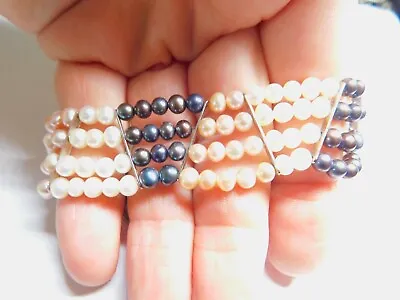 Pink White Peacock Fresh Water Pearl Beaded Stretch Bracelet Vintage • $17.89