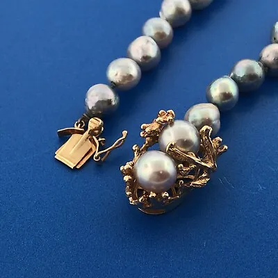 $1400 • Buy Estate 14k Yellow Gold Blue Peacock Pearl Coral Reef Clasp Hand Knotted Necklace