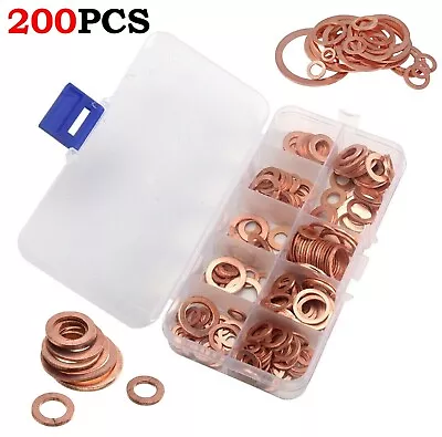 200PC Solid Copper Washers Sump Plug Seal Ring Set Assorted Kit With Box 9 Sizes • $19.99