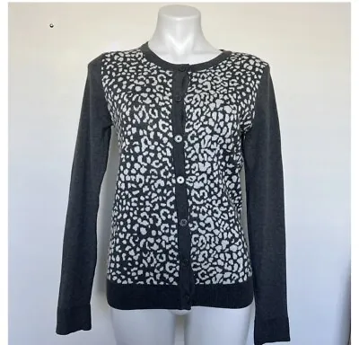 Merona Animal Print Button Front Cardigan Sweater MEDIUM Long Sleeve Gray White • $11.90