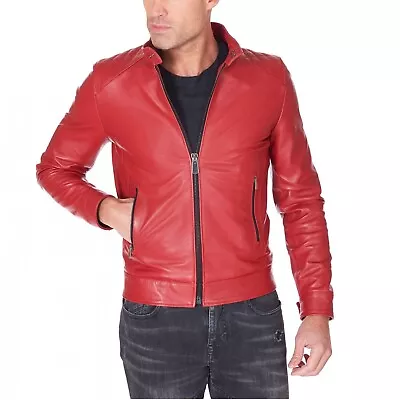 Leather Jacket Mens Biker Coat Motorcycle Vintage Men Bomber Lambskin Red 14 • $119.95