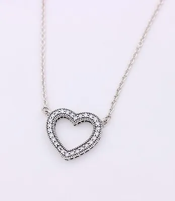 New Authentic PANDORA Sparkling Love Heart Necklace 17.7  Chain #590534CZ W/ BOX • $61.50