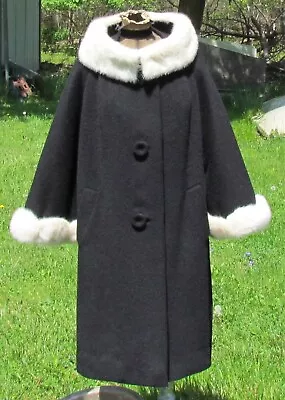 Vtg 1950s Black Wool A Line Swing Coat White Mink Fur Collar Cuffs Raglan Sleeve • $150