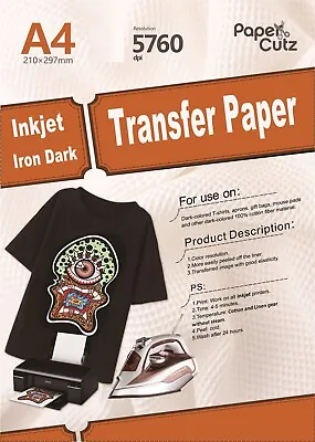 A4 T-Shirt Paper Iron-On Transfer For Dark Fabrics For Inkjet Print X 10 • £11.99