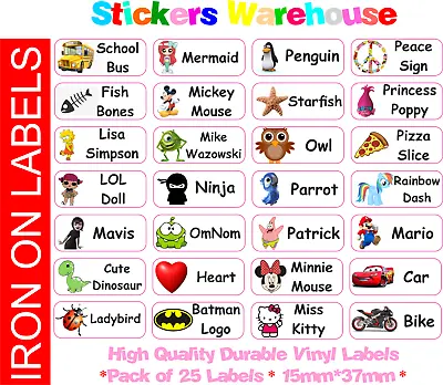 Custom Name Labels 25pcs IRON ON Clothing School Stickers Tags Kids Uniform • £3.99