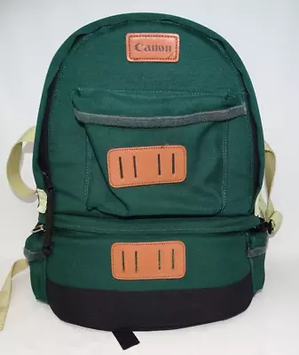 Vintage Canon Photographer Camera Backpack Dark Green Leather Patches • $49.99