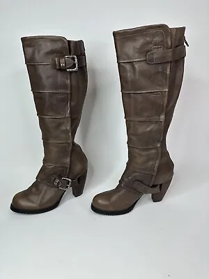 Miz Mooz Boots Knee High Womens 10 Leather Buckle Faux Fur Lined Brown Cone Heel • $49.99