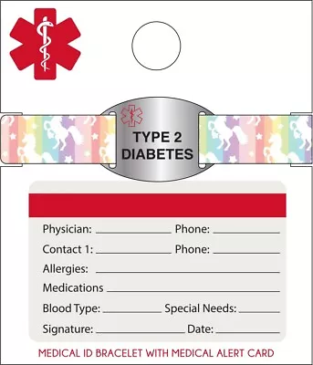 Medical ID Bracelet With Medical Alert Card Type 2 Diabetes Unicorns • $9.99