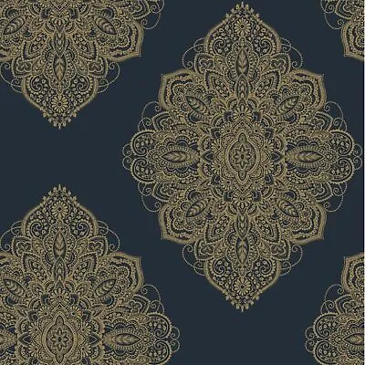 Arthouse Metallic Navy Blue Gold Wallpaper Henna Damask Shimmer Oriental Feature • £0.99