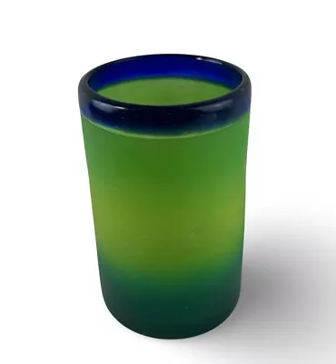 Hand Blown Hand Painted Mexican Glassware Frosted Gradient Greens & Blue Rim • $11