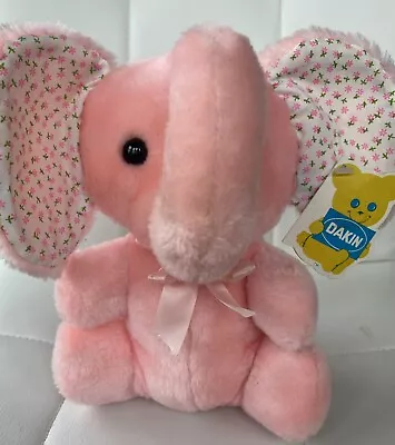 Vintage DAKIN PINK ELEPHANT PLUSH 8  FLORAL EARS 1971 Nature Babies NEW W Tag • $19.99