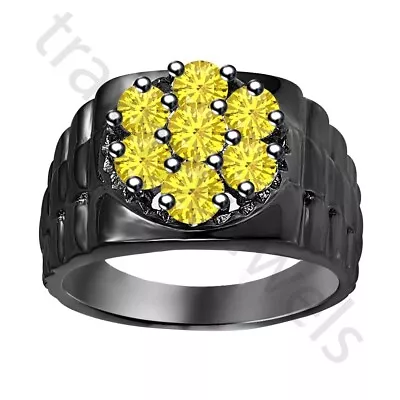 1 Ctw Lab Created Yellow Sapphire 14K Black Gold Over Cluster Wedding Men's Ring • $98.81